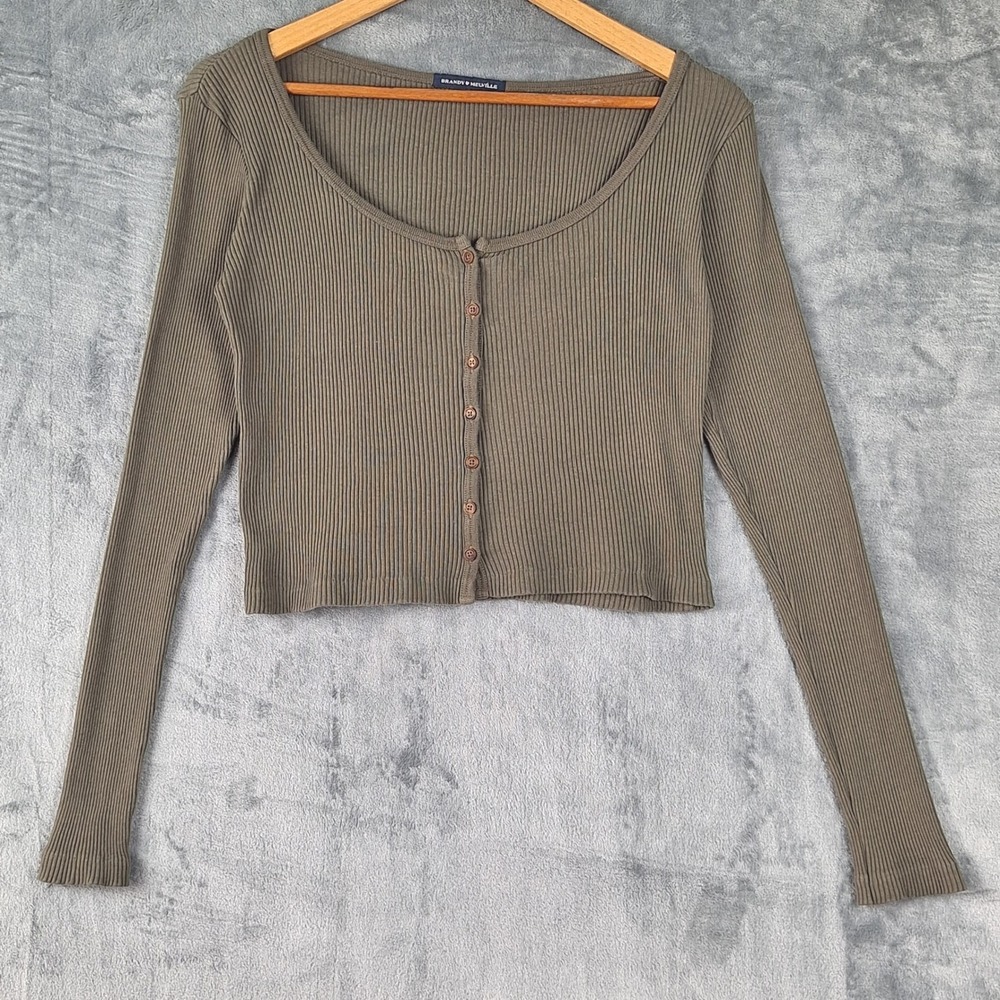 Brandy‎ Melville Cardigan One Size Green Cropped Button Twee Ribbed Academia